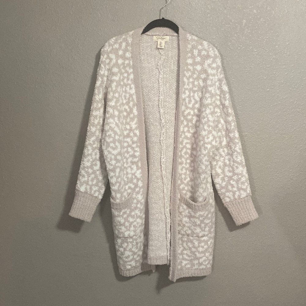 Jessica Simpson Pink and White Leopard Open-Front Cozy Cardigan
